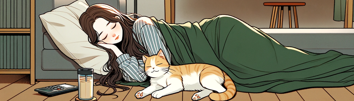 DALL·E 2023 12 19 14.12.56 A Korean webtoon style illustration of Jisoo and her cat taking a nap together. The scene shows them sleeping peacefully in a cozy living room in 16 복사본