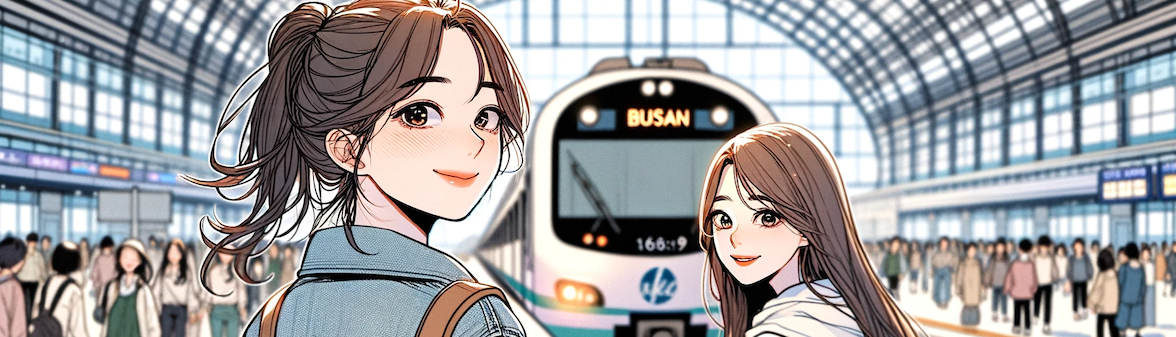 DALL·E 2023 12 25 13.53.29 Korean webtoon style illustration in 16 9 aspect ratio depicting two friends arriving at Busan Station and getting off the train. The background feat 복사본