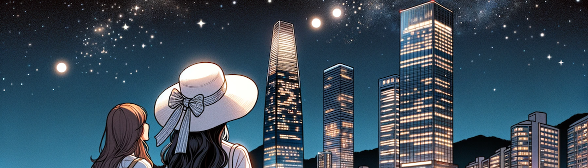 DALL·E 2023 12 25 16.47.40 A Korean webtoon style illustration of two friends admiring the night view of the stunning buildings in Haeundae. The beautiful sea of Haeundae Beach 복사본