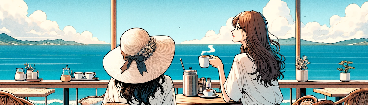 DALL·E 2023 12 25 16.55.56 A Korean webtoon style illustration of two friends enjoying coffee at an outdoor terrace of a seaside cafe. The scene captures them relishing the ocea 복사본