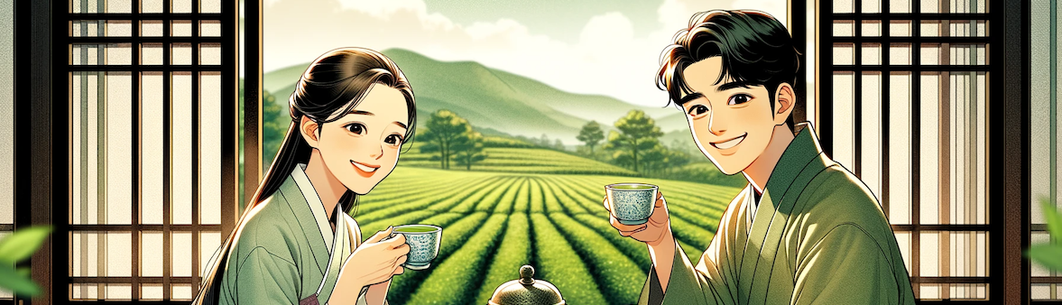 DALL·E 2023 12 25 19.29.36 An inviting scene in a Korean webtoon style depicting Jisoo a woman and Junho a man as a couple at a traditional tea house with a wide green tea f 복사본