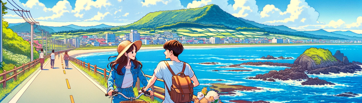 DALL·E 2023 12 25 19.38.21 A picturesque scene in a Korean webtoon style depicting Jisoo and Junho a couple cycling along the coastal road of Jeju Island. The couple is enjoyi 복사본